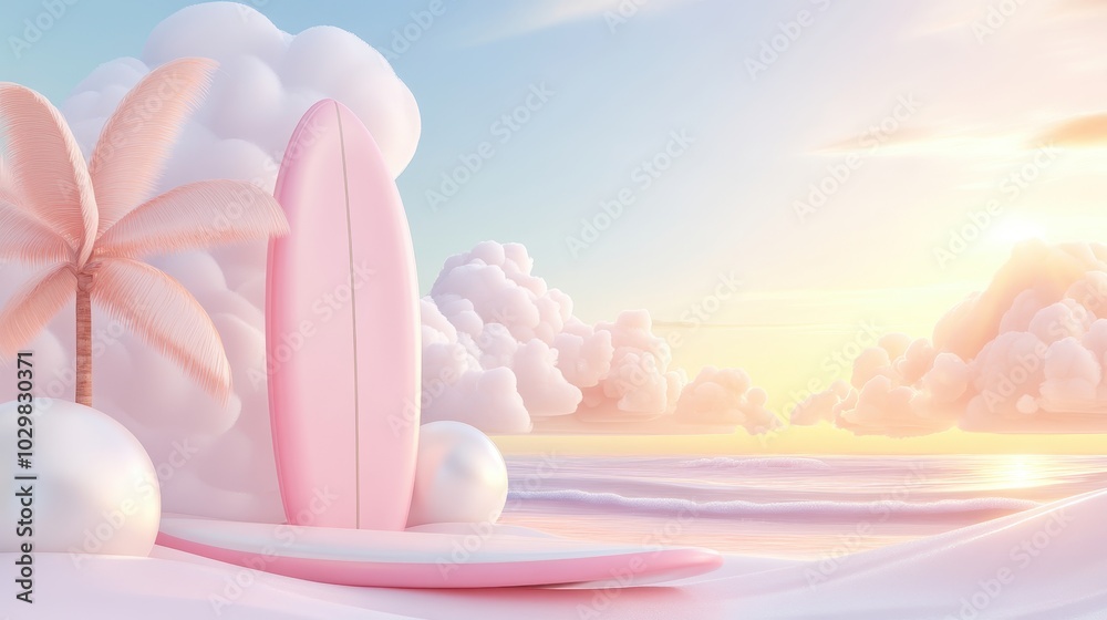 A pink surfboard is on the beach next to a palm tree. The sky is cloudy and the sun is setting A pink surfboard is on the beach next to a palm tree. The sky is cloudy and the sun is setting
