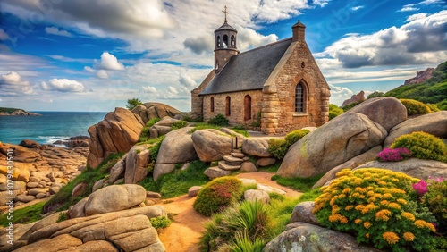 Stunning Macro Photography of Chapel of St Guirec on the Brittany Coast, Capturing Coastal Rock Formations and the Scenic Sentier des Douaniers Hiking Trail in Ploumanach, Cote de Granit Rose, France photo