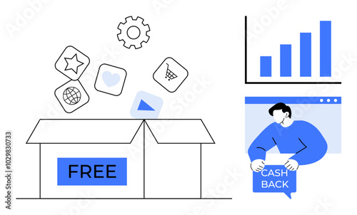 Open box labeled Free with icons above including a star globe shopping cart heart and play button, Customer holding Cash Back sign next to growth chart Ideal for marketing promotions customer rewards