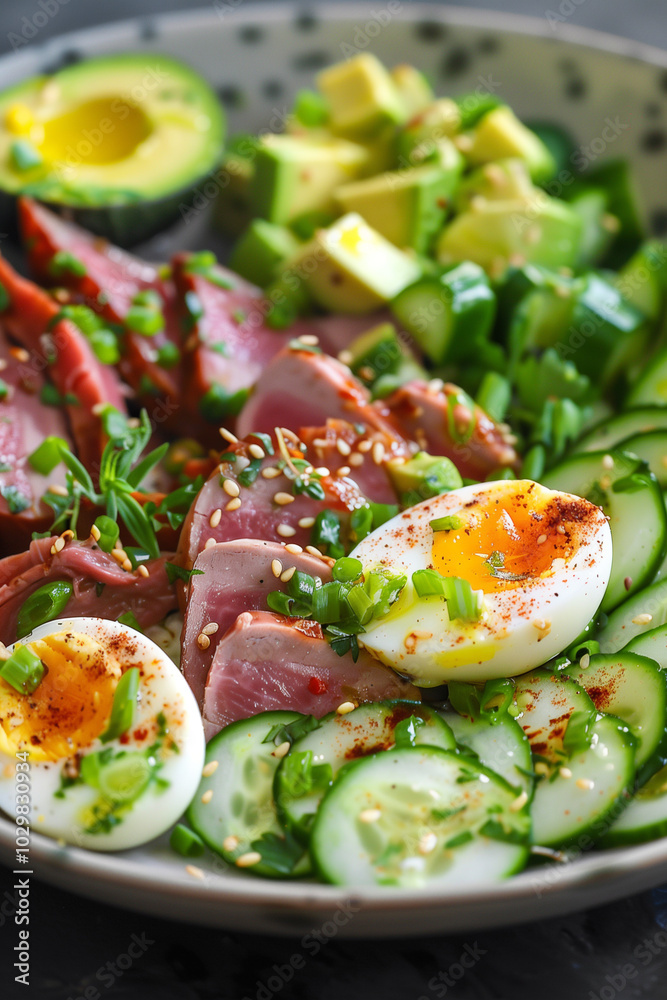  Delicious smoked duck salad with fresh cucumbers, avocado, and boiled eggs