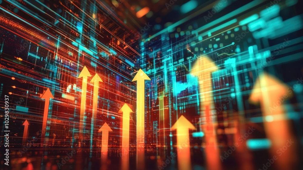 Fototapeta premium An abstract financial graph representing wealth management, with rising bars and arrows pointing upward.
