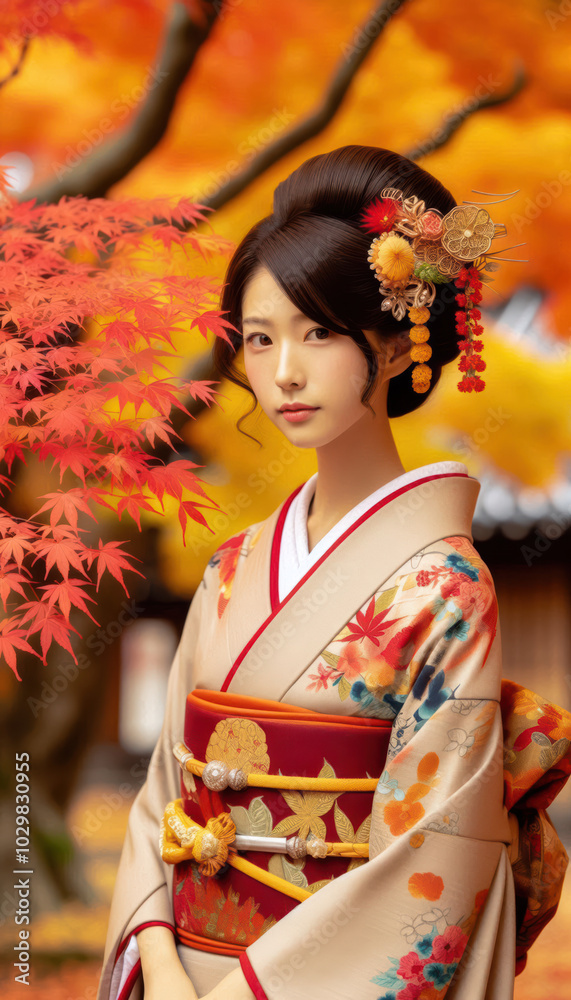 着物を着た女性	紅葉
