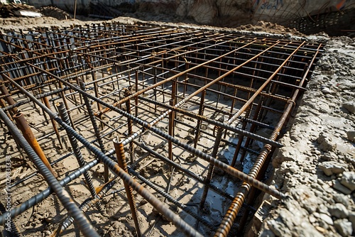 Reinforced concrete foundation at a construction site