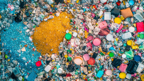 image depicts large accumulation of waste, showcasing various colors and types of plastic debris, highlighting environmental impact of pollution