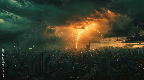 Dynamic Lightning Storm Over Cityscape at Dusk