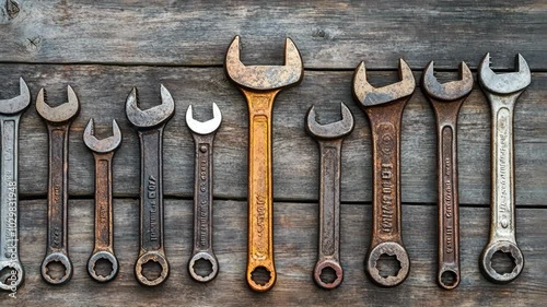 A row of wrenches sits on a rustic wooden surface, with a single yellow wrench standing out from the rest