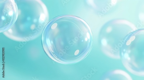 A blue bubble with a white dot in the middle. The bubbles are floating in the air. The image has a calm and peaceful mood