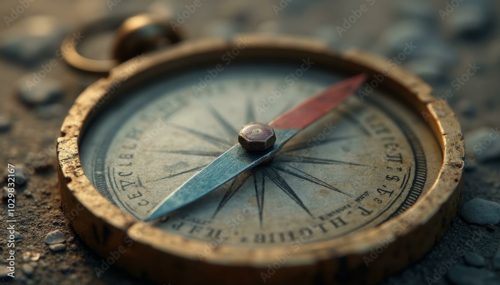 Old-Fashioned Compass With Needle Pointing To Specific Direction Old-Fashioned Compass With Needle Pointing To Specific Direction