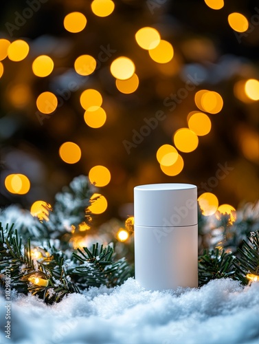 Minimalist skincare product amidst festive winter decor photo