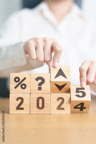 2024 to 2025 New year with questions mark and percentage icon. Interest rate, GDP, stocks market, financial, deflation and Inflation, mortgage, debt, Loan and Economic Recession