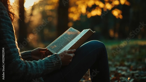 Person Reading a Book in Nature During Sunset