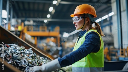 A waste management worker in a fluorescent safety vest and helmet, operating machinery in a recycling plant.