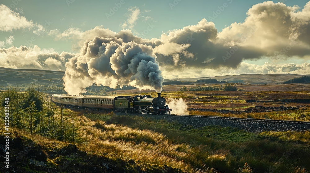 Fototapeta premium Vintage Steam Locomotive Chugging Through Scenic Landscape