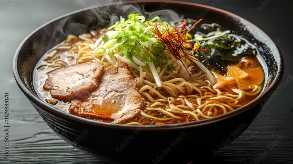 Steaming Bowl of Ramen with Fresh Toppings Steaming Bowl of Ramen with Fresh Toppings