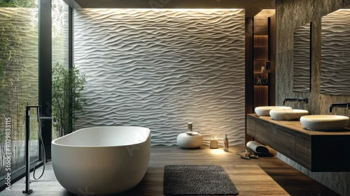 A modern bathroom with a white, freestanding bathtub and a wavy, textured wall