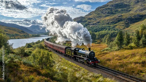 Steam Locomotive Chugging Through Scenic Landscape