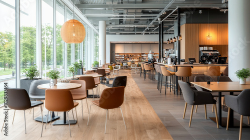 Modern cafe interior with wooden flooring, stylish furniture, and large windows. warm ambiance invites relaxation and socializing, perfect for enjoying coffee or meal