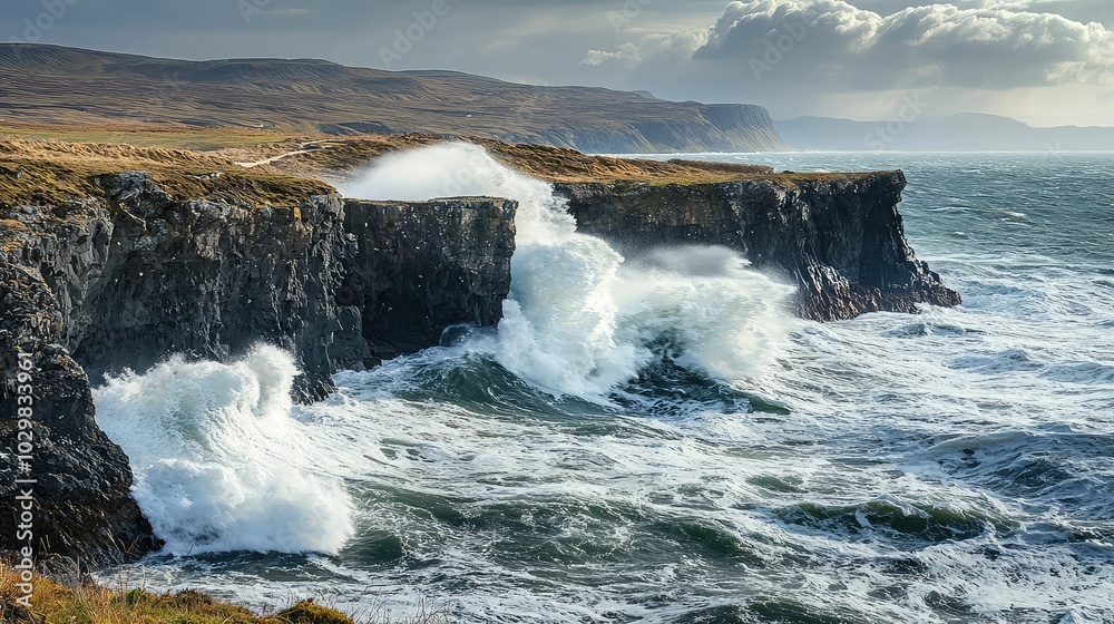 Dramatic Crashing Waves on Rugged Coastline Dramatic Crashing Waves on Rugged Coastline