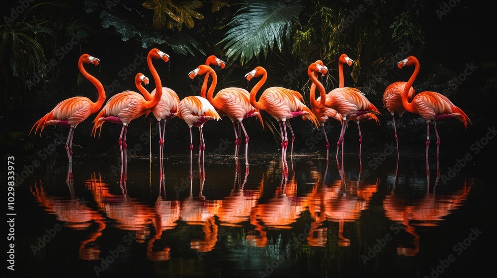 Obraz premium A flock of pink flamingos stand in a shallow body of water, their reflections visible in the dark water.