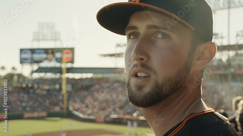 Close-up of professional baseball player gripping bat with intense focus, preparing to hit pitch during high-stakes playoff game, capturing the electrifying atmosphere of a crucial moment in baseball photo