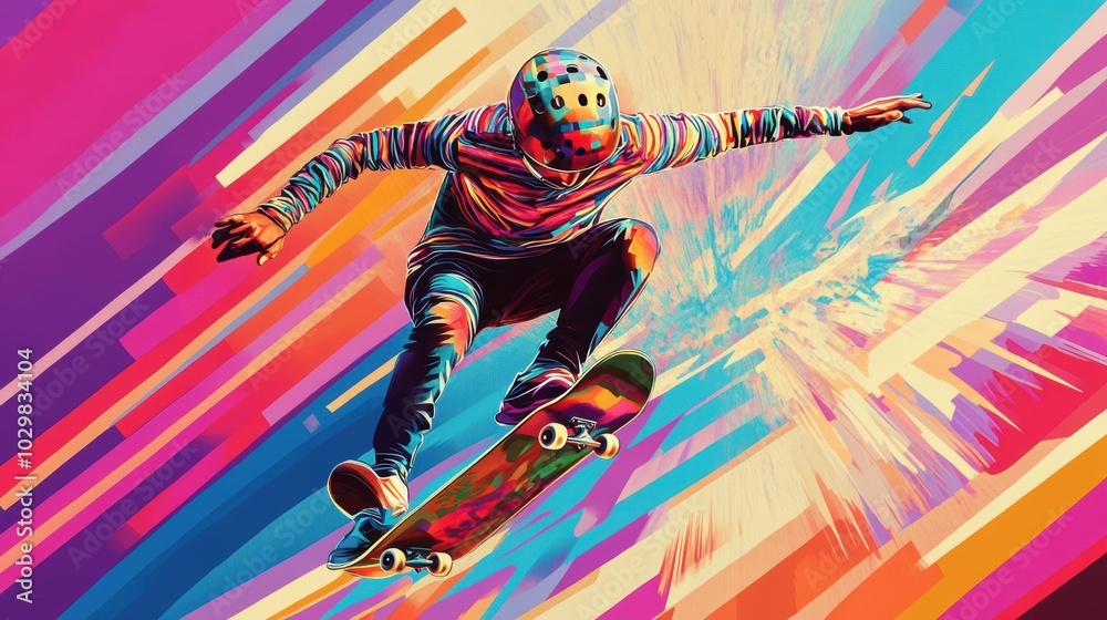 Skateboarder with helmet in colorful background. Skateboarder with helmet in colorful background.