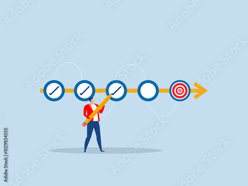 Goal tracker Task completion entering check mark concept,Businessman project manager holding big pencil to check completed tasks in project management timeline. photo