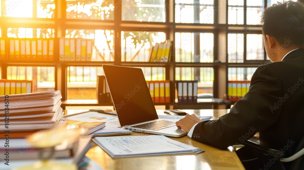 Focused businessman at desk with financial documents and laptop displaying earnings reports, conveying determination and attention to financial data analysis. Focused businessman at desk with financial documents and laptop displaying earnings reports, conveying determination and attention to financial data analysis.