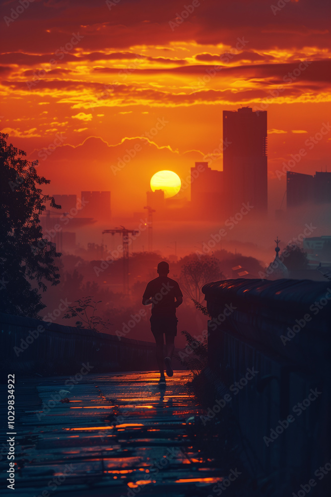 Silhouetted jogger enjoying sunrise with a stunning urban city skyline background Silhouetted jogger enjoying sunrise with a stunning urban city skyline background