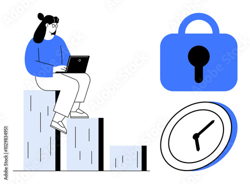 A woman sits on bar graphs while working on a laptop. Nearby are symbols of a lock and a clock. Ideal for productivity time management data analysis security and balancing work life themes. Modern