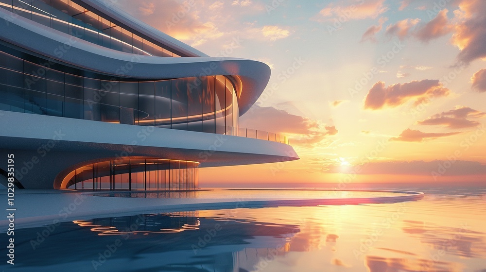 Fototapeta premium Minimalist Curved Structures: A Vision of Luxury Architecture with a Surreal Sunset Backdrop