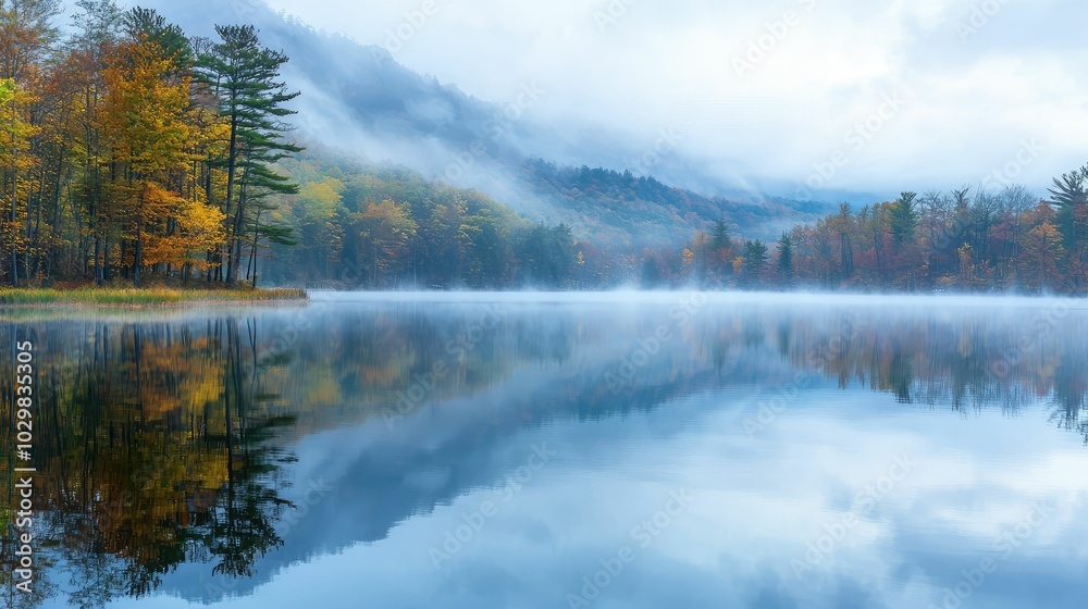 Serene Lake with Fog Rolling Across Tranquil Landscape Serene Lake with Fog Rolling Across Tranquil Landscape