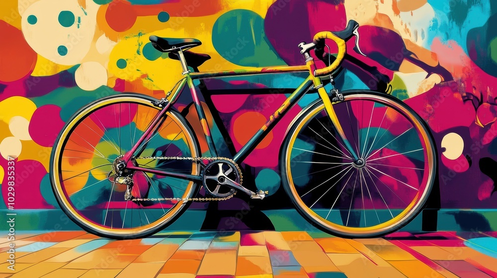 Fototapeta premium Colorful bicycle parked against abstract wall.
