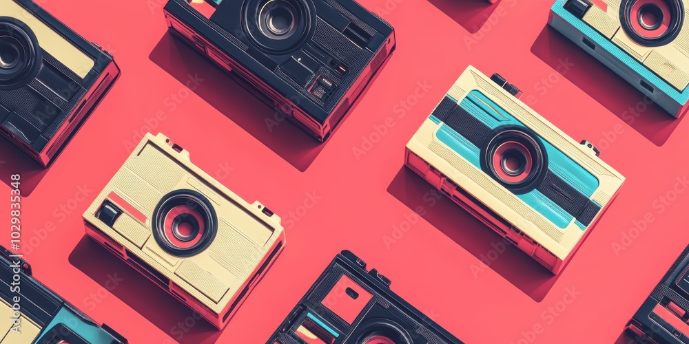 Fototapeta premium Vintage cameras on a red background.