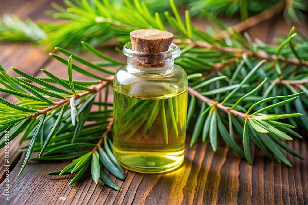 Tea tree oil extracted from fresh Melaleuca Alternifolia leaves for extreme close-up photography