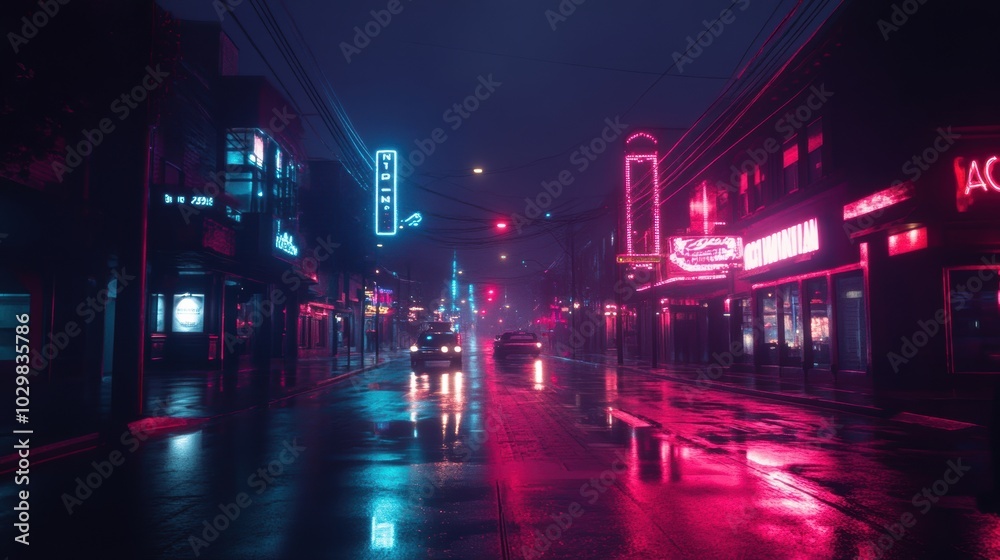 Obraz premium Rainy street with neon lights.