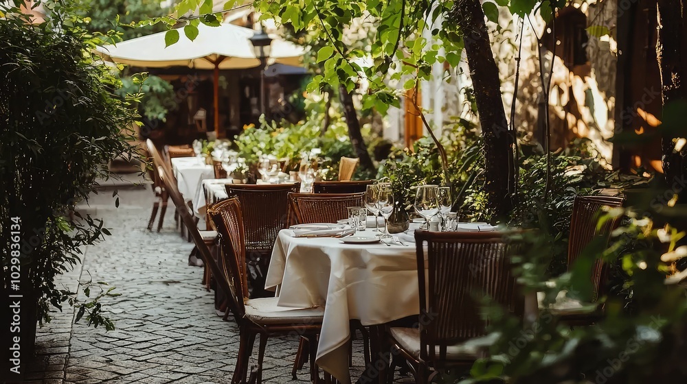 Fototapeta premium Serene Outdoor Dining Area Surrounded by Lush Greenery
