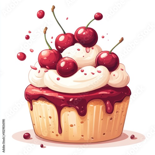 Illustration of a Cupcake Topped with Whipped Cream and Cherries