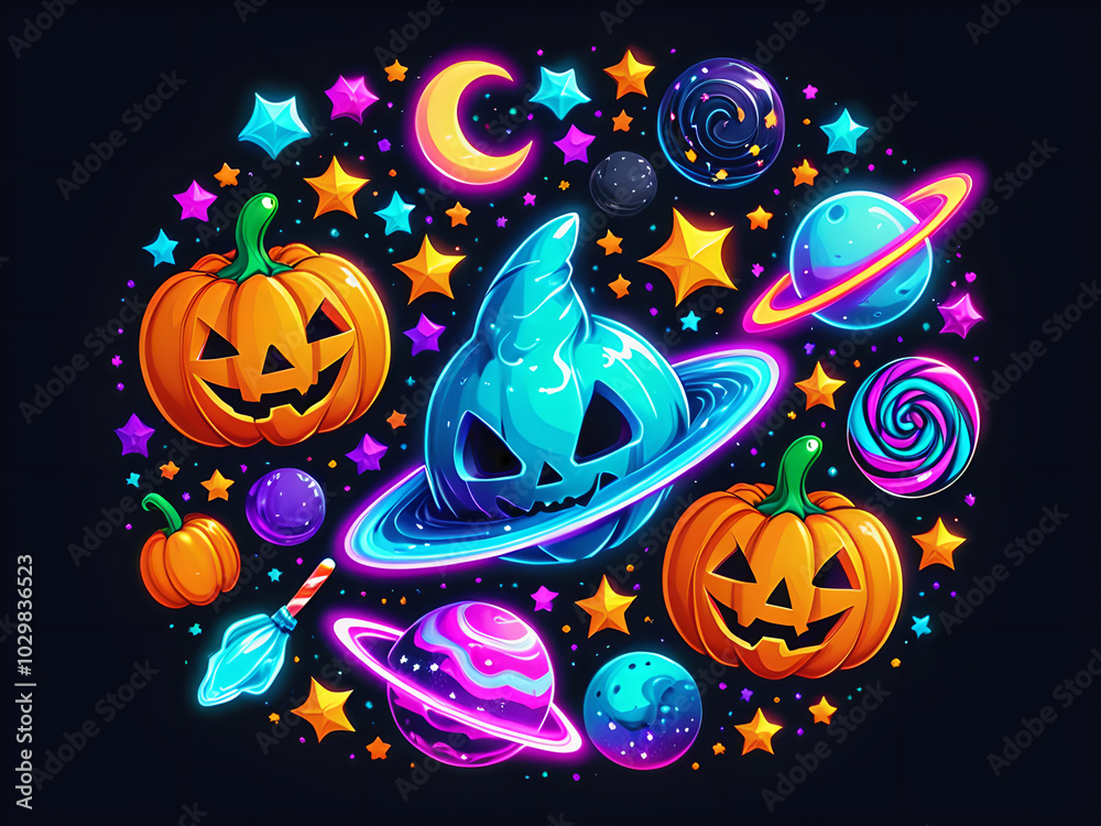 Fototapeta premium Candy Galaxy: Enchanting Fantasy Halloween Stickers in High-Quality 4K Neon Colors