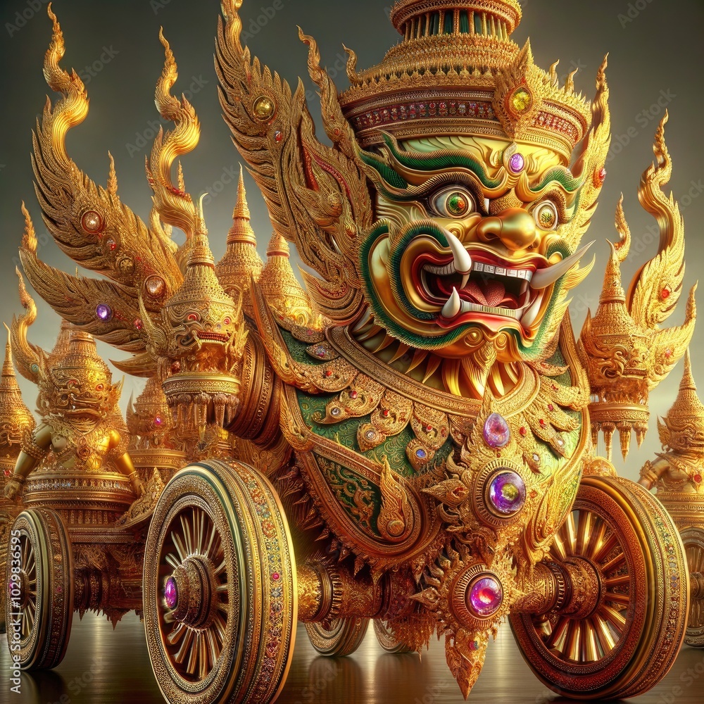 Fototapeta premium Divine Tuk-Tuk of the Guardian: A Hyper-Realistic, Ornate Golden Tuk-Tuk Driven by a Mythical Thai Guardian Yaksha, Blending Ancient Tradition and Modern Urban Streets with Intricate Details