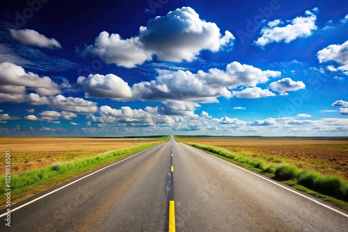 Scenic view of a long road under a clear blue sky with a few clouds in the background