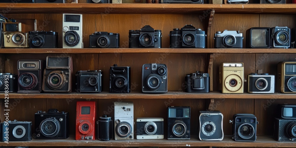 Obraz premium Vintage cameras on wooden shelves.
