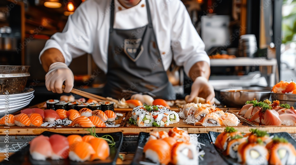Old-school sushi street market with wooden stalls, vintage hand-painted signs, and chefs making sushi in front of customers. Rich textures, muted tones Old-school sushi street market with wooden stalls, vintage hand-painted signs, and chefs making sushi in front of customers. Rich textures, muted tones
