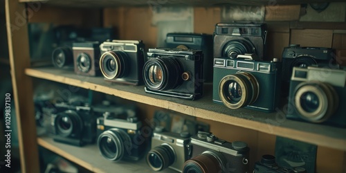 Vintage cameras on wooden shelf in a store.