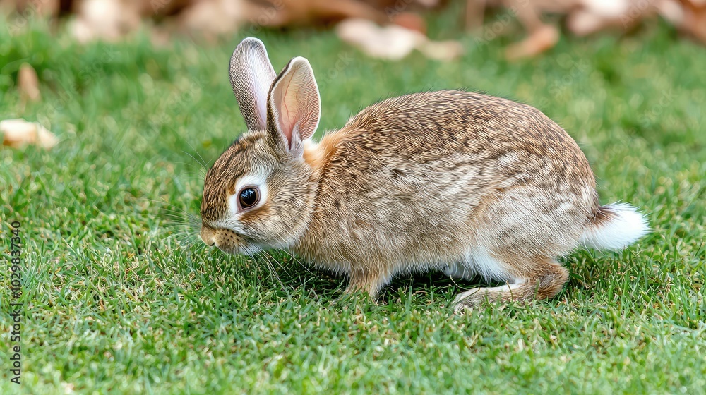 Fototapeta premium Skinny Rabbit Nibbling Grass in a Lively Setting
