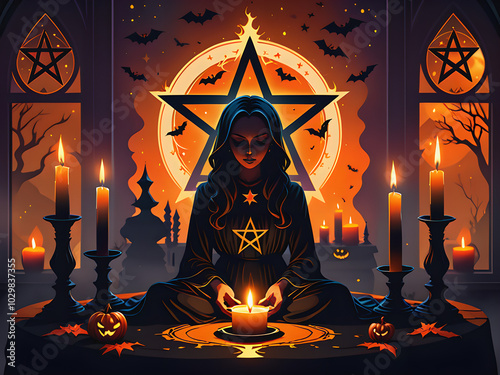 Candlelit Séance: Occult Halloween Sticker - Mystic Pentagram Background photo