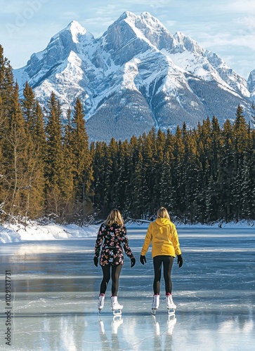 Two individuals in winter attire skate over a serene frozen lake, surrounded by towering snow-covered mountains and lush evergreens, capturing winter's tranquil beauty. photo