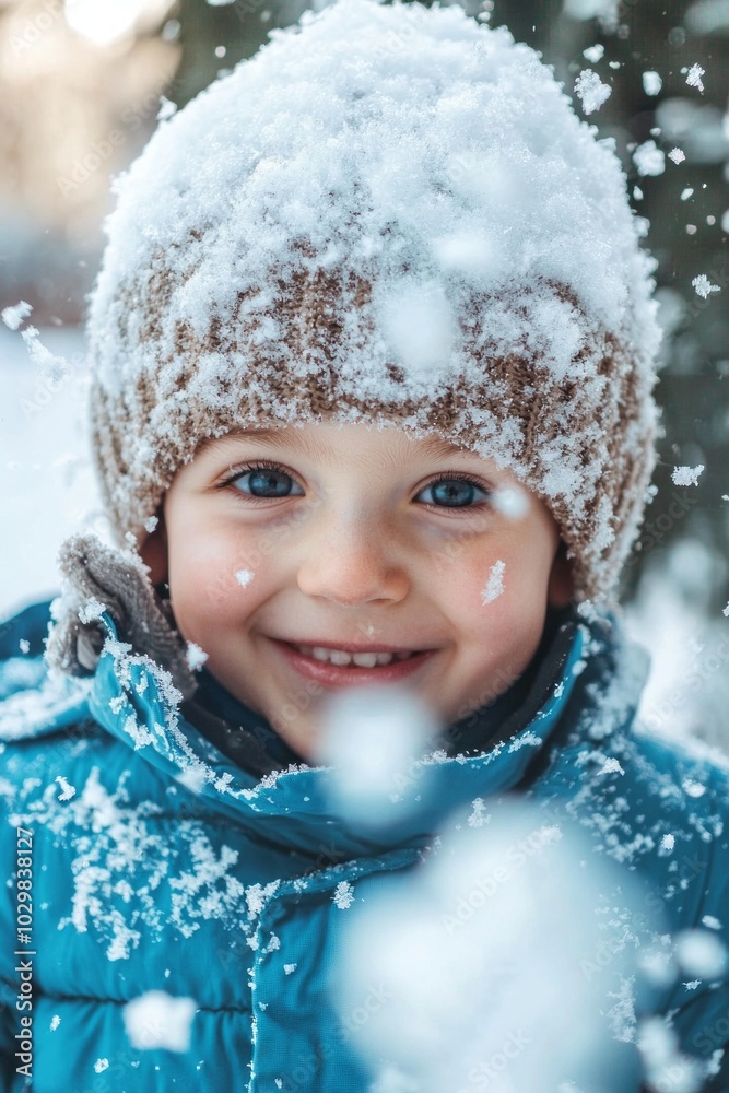 A child wearing a warmly knitted hat smiles happily, with snowflakes covering them, reflecting the joy and wonder of a day spent playing in a snowy, magical winter environment. A child wearing a warmly knitted hat smiles happily, with snowflakes covering them, reflecting the joy and wonder of a day spent playing in a snowy, magical winter environment.