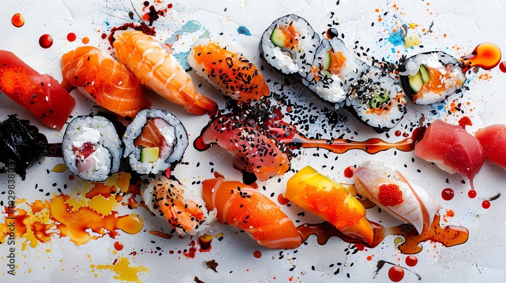 Sushi platter, delicate rolls and sashimi, vibrant colors, watercolor style Sushi platter, delicate rolls and sashimi, vibrant colors, watercolor style