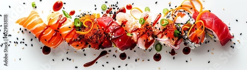 sushi plate with garnish, top-down view, watercolor painting, soft tones, isolated on white background photo