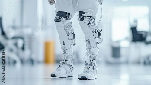 A person is wearing advanced robotic exoskeleton legs, showcasing cutting edge technology in modern environment. sleek design emphasizes innovation and mobility